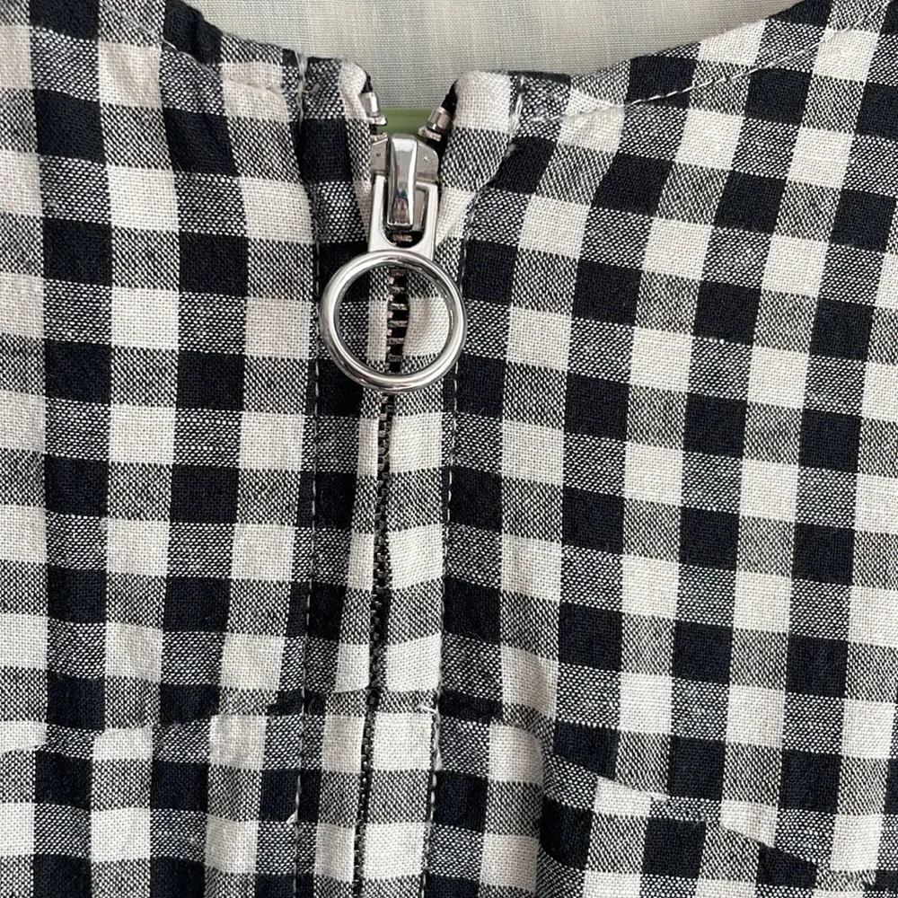 Zara Gingham Linen Blend Puff Sleeve Zipper Jacket Sz M